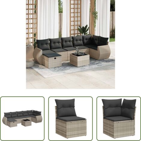 Poltrone da giardino -  Set Divano da Giardino 8pz con Cuscini Grigio Chiaro Polyrattan