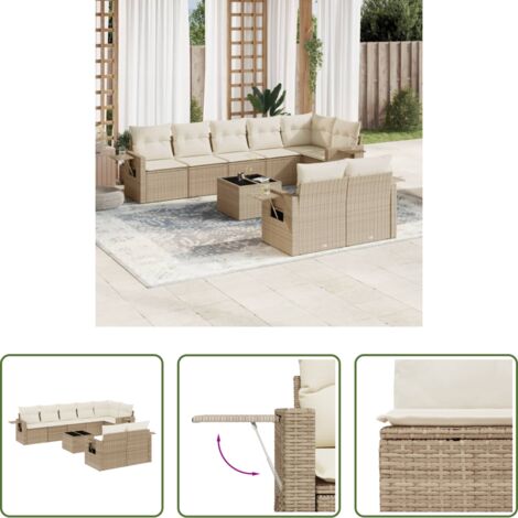 Poltrone da giardino -  Set Divano da Giardino 9 pz con Cuscini Beige in Polyrattan