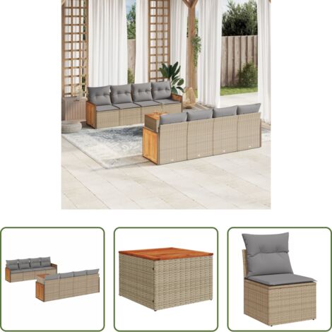 Poltrone da giardino -  Set Divano da Giardino 9 pz con Cuscini Beige in Polyrattan