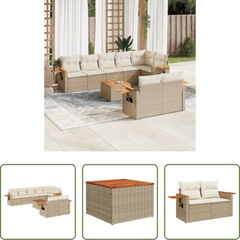 Poltrone da giardino -  Set Divano da Giardino 9 pz con Cuscini Beige in Polyrattan