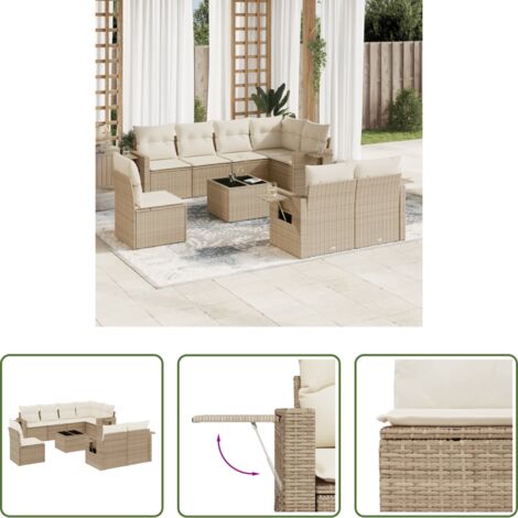 Poltrone da giardino -  Set Divano da Giardino 9 pz con Cuscini Beige in Polyrattan