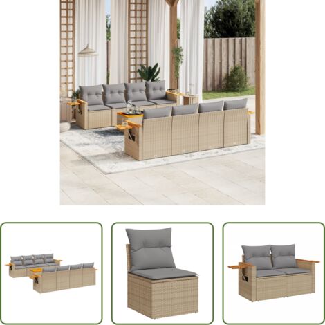 Poltrone da giardino -  Set Divano da Giardino 9 pz con Cuscini Beige in Polyrattan