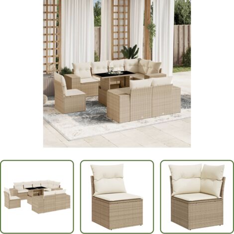 Poltrone da giardino -  Set Divano da Giardino 9 pz con Cuscini Beige in Polyrattan