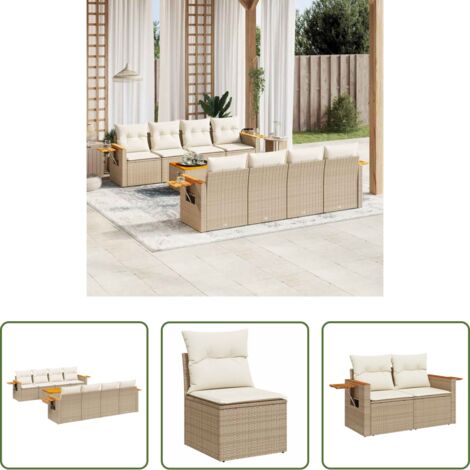 Poltrone da giardino -  Set Divano da Giardino 9 pz con Cuscini Beige in Polyrattan