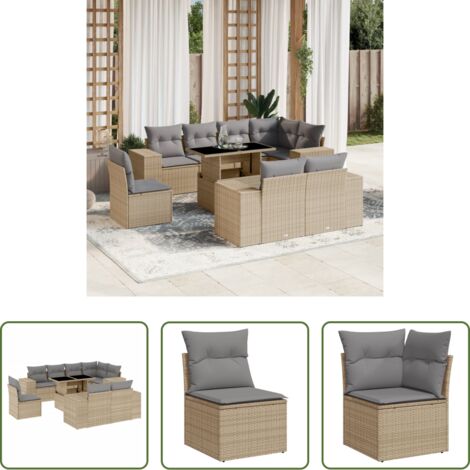 Poltrone da giardino -  Set Divano da Giardino 9 pz con Cuscini Beige in Polyrattan