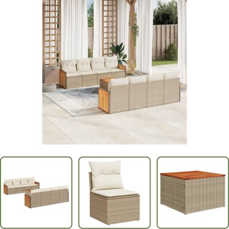 Poltrone da giardino -  Set Divano da Giardino 9 pz con Cuscini Beige in Polyrattan