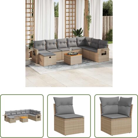 Poltrone da giardino -  Set Divano da Giardino 9 pz con Cuscini Beige in Polyrattan