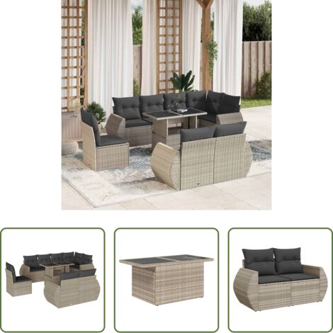 Poltrone da giardino -  Set Divano da Giardino 9pz con Cuscini Grigio Chiaro Polyrattan