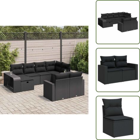 Poltrone da giardino - vidaXL Set Divani da Giardino 10pz con Cuscini in Polyrattan Nero - Rattan PE