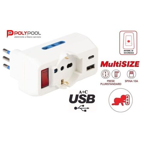 Poly Pool Adattatore Multispina Bianco - 3 Prese Grandi e 2 Porte USB