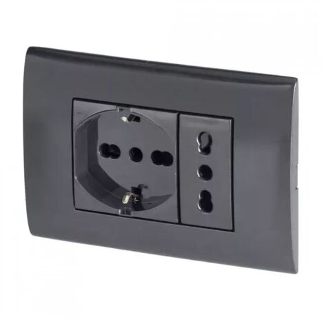 Poly Pool Kit Incasso con Frutti Presa Corrente Elettrica Schuko Pluristandard Spina 10A-16A Italiana-Tedesca e Frutto Presa Bivalente 10A-16A Nero