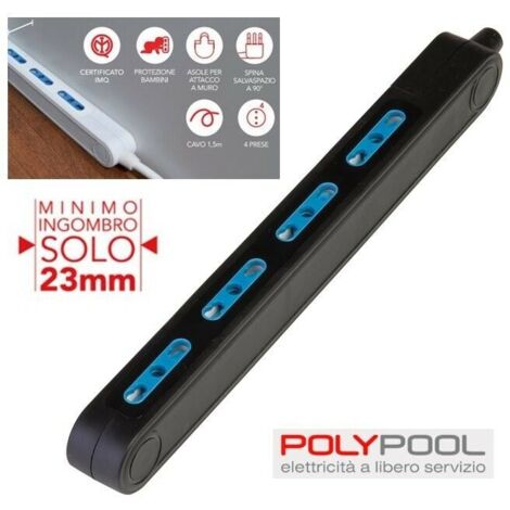 POLY POOL - PP2422.2X Ciabatta Multipresa Elettrica SPAZIOZERO 3500W 4 Prese Bivalenti 10/16A 2P+T - Multipresa Superslim 23mm - Ciabatta Multipresa con Asole per Fissaggio a Parete - Nera Senza Cavo