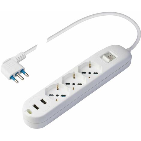Poly Pool PP2526 Presa Multipla con 2 Prese USB e 3 Prese P40 Pluristandard Spina Salvaspazio Grande 16 A 1.5 Metri Cavo e Interruttore Bianco