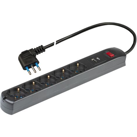 POLY POOL - PP2536.2 Ciabatta Multipresa Elettrica 5 Prese Schuko Multistandard Bivalent 10/16A + 2USB (A+C)- Spina Salvaspazio 10A - Multipresa con 1 Interruttori - Ciabatta con Interruttore Nera