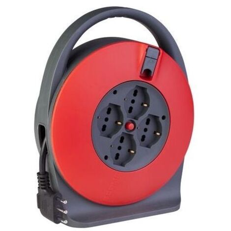 Poly Pool PP2741 Avvolgicavo Elettrico 5m 4 Prese Pluristandard Schuko 16A Disgiuntore Termico colore Rosso e Nero