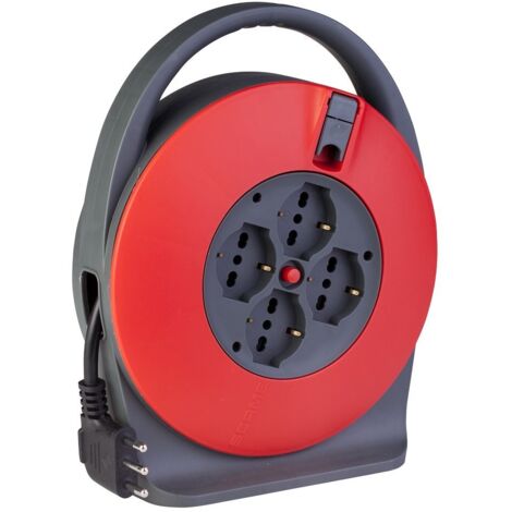 Poly Pool PP2742 Avvolgicavo 10 m Sezione Cavo 3G15 con 4 Prese Pluristandard e Spina Salvaspazio Italiana Grande 16 A con Manico e Disgiuntore Termico
