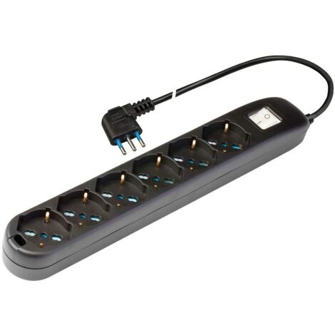 Poly Pool Presa sestupla pluristandard:italiano bivalente 10/16A 2P+T, tedesco 16A 2P+T (terra laterale), con interruttore luminoso, 1,5m cavo H05VV-F 3X1mmq con spina 16A 2P+T, uscita cavo 90°, CSV-I