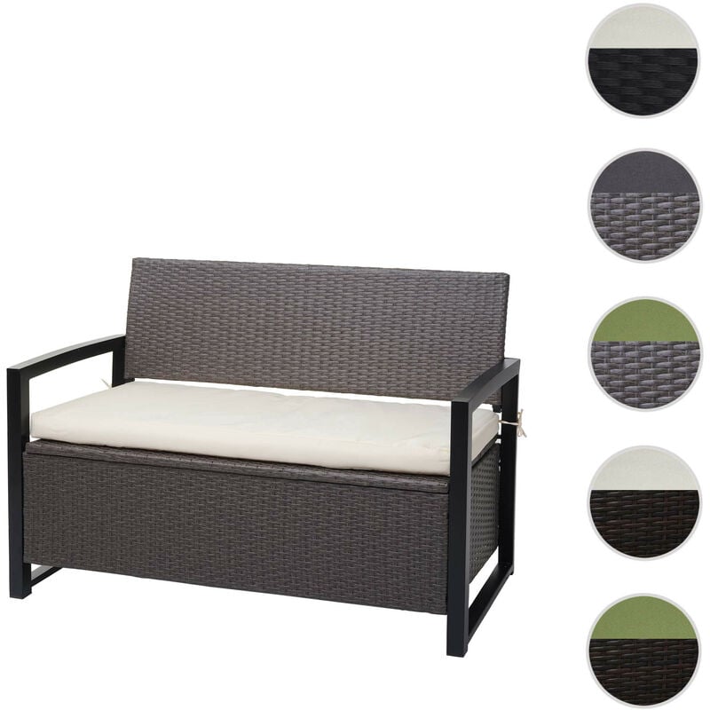 Poly-Rattan Banc 2 places HW C-F39 - Banc de jardin coffre - rangement Coussin d'assise - gris chiné - coussin rouge