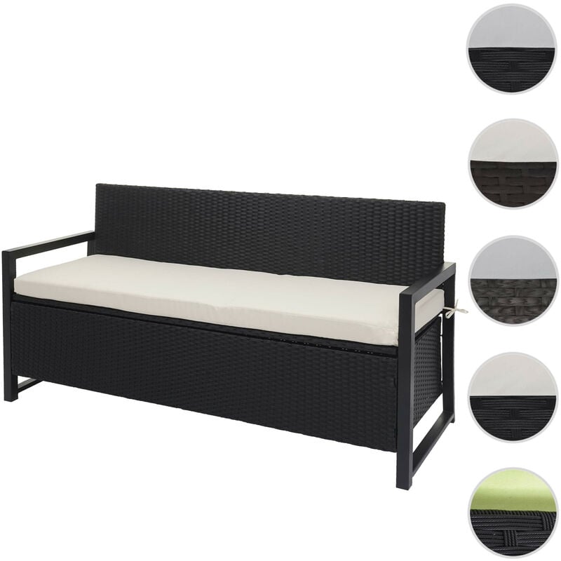 Poly-Rattan Banc 3 places HW C-F39 - Banc de jardin coffre - rangement Coussin d'assise - anthracite - coussin bordeaux