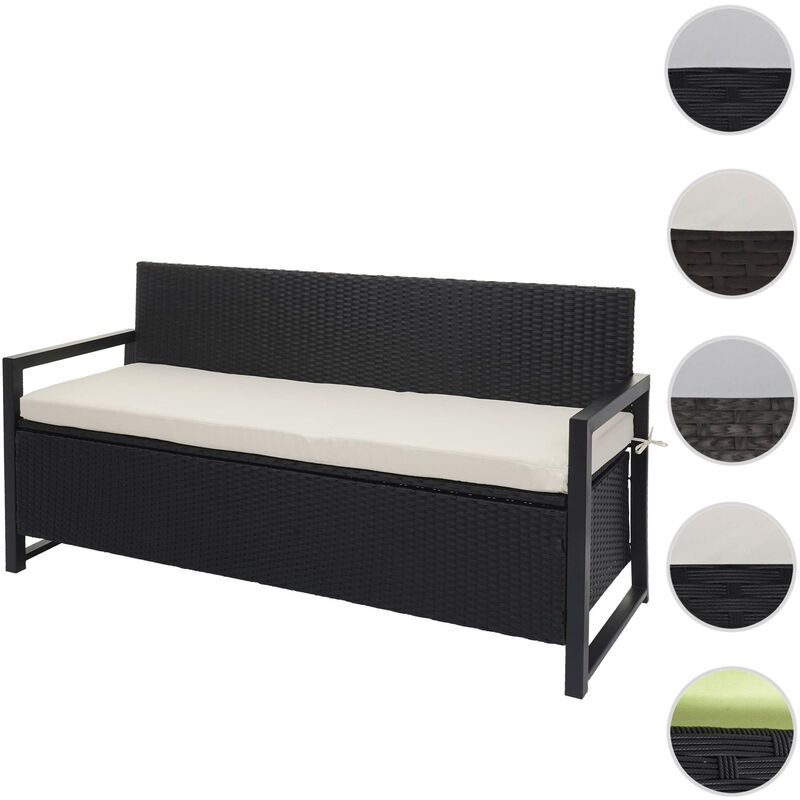 Poly-Rattan Banc 3 places HW C-F39 - Banc de jardin coffre - rangement Coussin d'assise - gris chiné - coussin beige