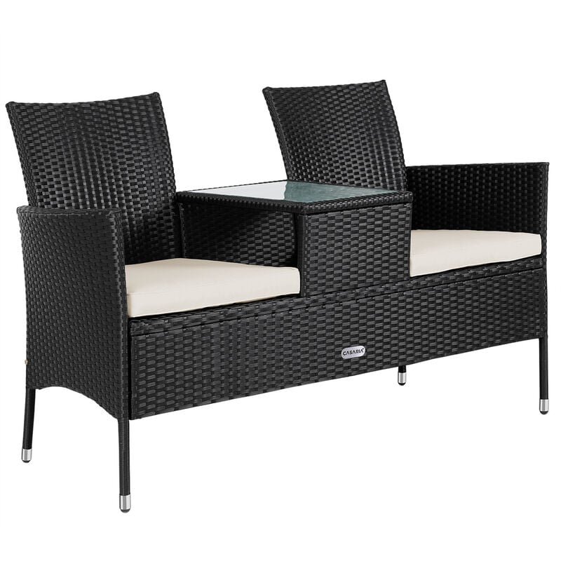 2-Seater Polyrattan Garden Loveseat Cinema Bench Table And Cushions Anthracite - Casaria