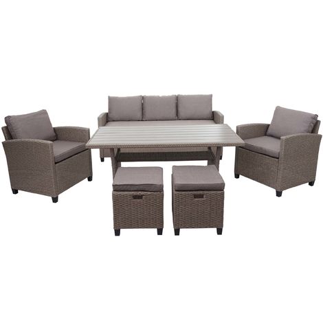 Poly-Rattan Garnitur HHG-078, Garten-/Lounge-Set Sofa Sitzgruppe, Tischplatte WPC Spun Poly halbrundes Rattan grau