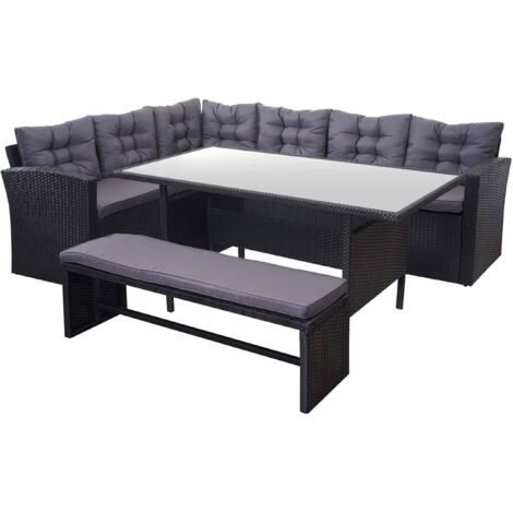 Poly-Rattan-Garnitur HHG-389, Gartengarnitur Sitzgruppe Lounge-Esstisch-Set, schwarz Kissen dunkelgrau, mit Bank