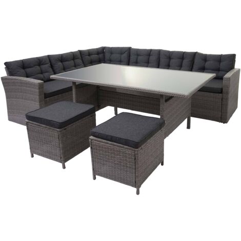 Poly-Rattan-Garnitur HHG-471, Gartengarnitur Sitzgruppe Lounge-Esstisch-Set Sofa grau, Kissen grau + 2x Hocker