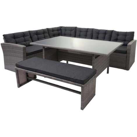Poly-Rattan-Garnitur HHG-471, Gartengarnitur Sitzgruppe Lounge-Esstisch-Set Sofa grau, Kissen grau + Bank
