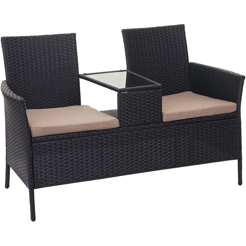 Poly-Rattan Sitzbank mit Tisch 243, Gartenbank Sitzgruppe Gartensofa, 132cm ~ schwarz, Kissen creme - HHG
