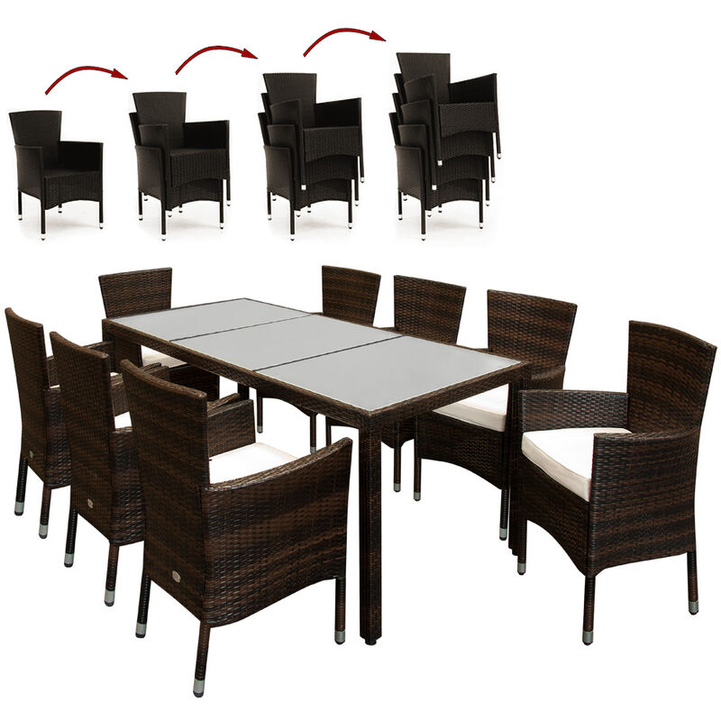 Polyrattan Sitzgruppe Monaco 8 Gartenstühle Stapelbar 7cm Auflagen Tisch 190x90cm Garten Gartenmöbel Set Braun - Casaria