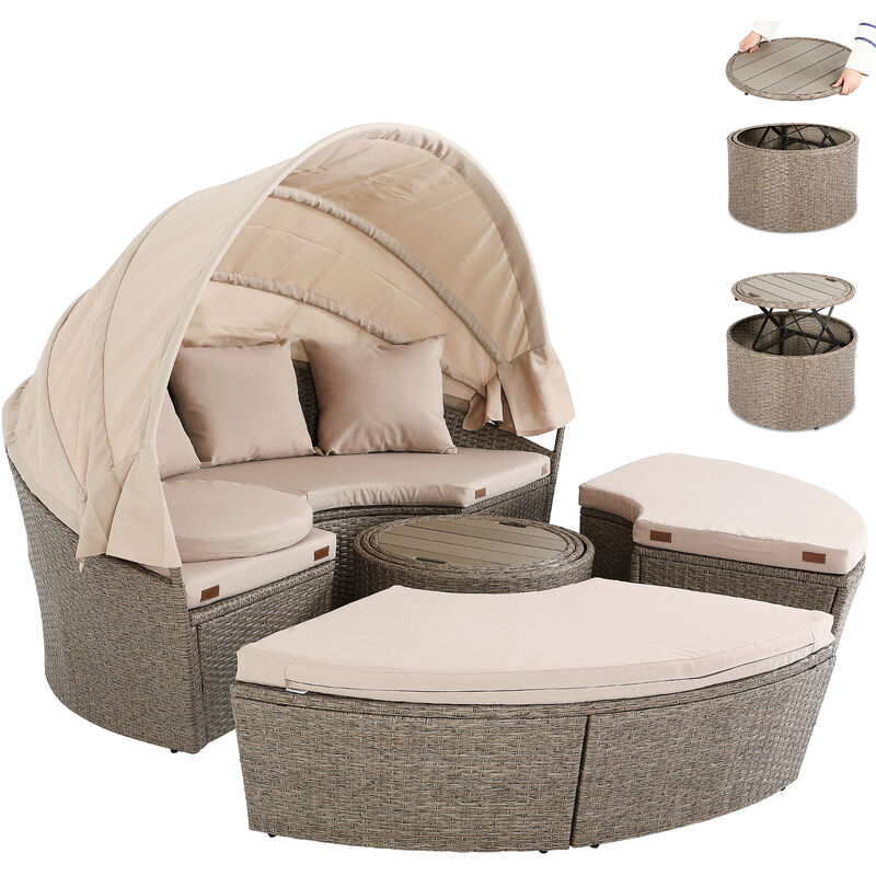 Poly Rattan Garden Day Bed Ø185cm Sun Isle Lounger with Canopy Side Table Large Patio Furniture Set (Cream) - Casaria