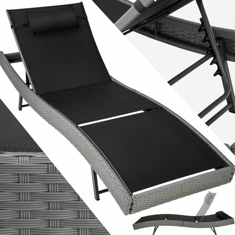Sun lounger Delphine rattan - reclining sun lounger, garden lounge chair, sun chair - grey
