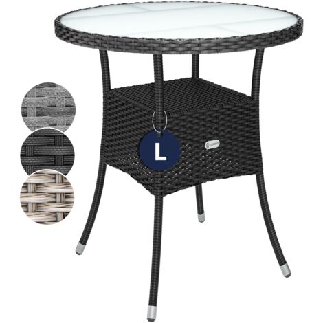 Deuba Poly Rattan Garden Side Table Small Black Round Outdoor Patio Cafe Bistro Glass Top Tea Coffee Wine Snack (60cm)