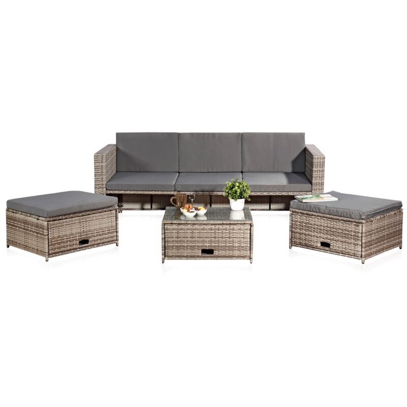 Poly-rotin, salon de jardin en rotin, gris, canapé, table avec 2 tabourets de salon en rotin
