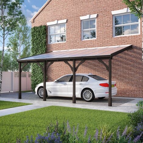 Polycarbonate Roof Car Port 4 Post - Wood - L350 x W650 cm - Rustic Brown