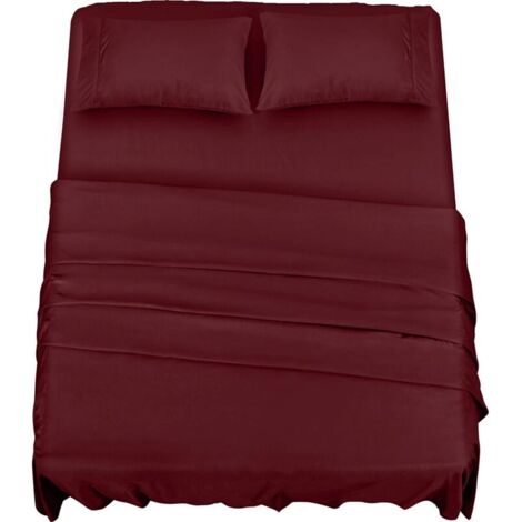 Polyester Microfiber Bedding Set (4 pieces, Burgundy) - 1 Fitted Sheet 150x200cm, 1 Flat Sheet 266x259cm and 2 Pillowcases 50x75cm