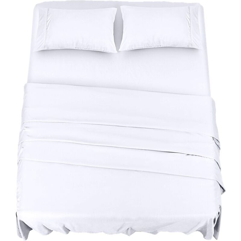 Polyester Microfibre Parure de lit (4 pièces, Blanc) - 1 Drap Housse 150x200cm, 1 Drap Plat 266x259cm et 2 Taies d'oreiller 50x75cm