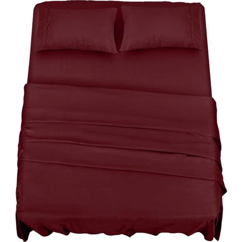 Polyester Microfibre Parure de lit (4 pièces, Bordeaux) - 1 Drap Housse 150x200cm, 1 Drap Plat 266x259cm et 2 Taies d'oreiller 50x75cm