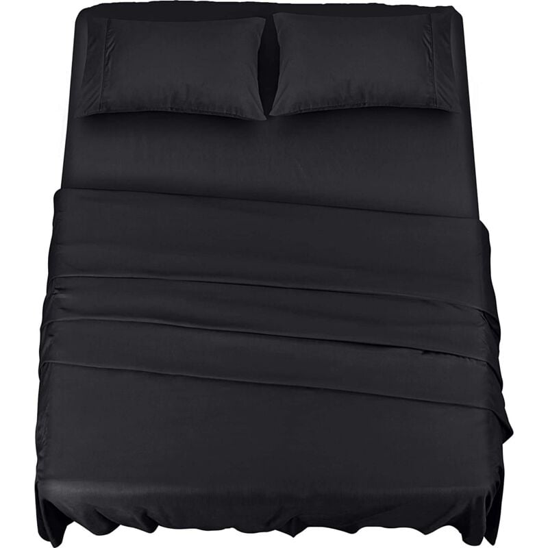 Polyester Microfibre Parure de lit (4 pièces, Noire) - 1 Drap Housse 150x200cm, 1 Drap Plat 266x259cm et 2 Taies d'oreiller 50x75cm