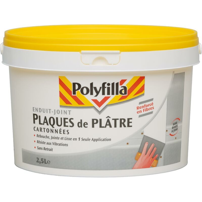Polyfilla - Enduit-Joint Plaques de Plâtre Cartonnées - Renforcé en Fibres - Sans retrait - Blanc 2,5 l