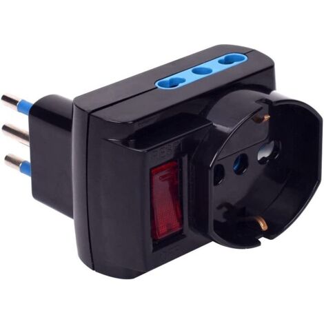 Polypool Adattatore Salvaspazio Pluristandard Triplo con Interruttre Luminoso e Spina 10a Nero