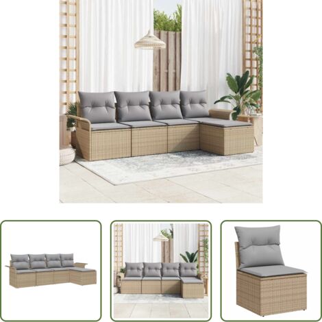 Polyrattan -  Divano da esterno con cuscino 5 pcs Beige polyrattan