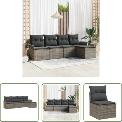 Polyrattan -  Divano da esterno con cuscino 5 pcs Grigio polyrattan