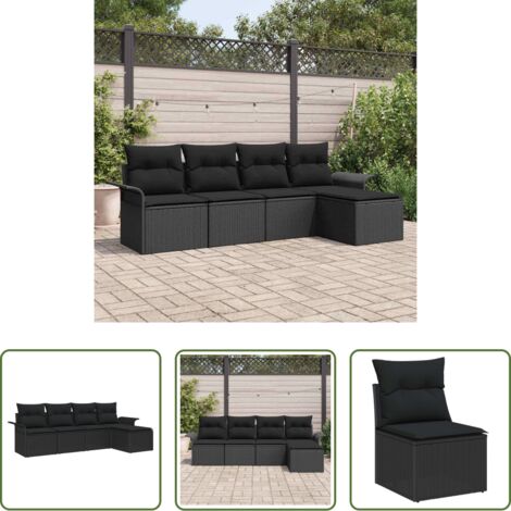Polyrattan -  Divano da esterno con cuscino 5 pcs Nero polyrattan