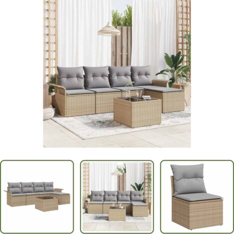 Polyrattan -  Divano da esterno con cuscino 6 pcs Beige polyrattan