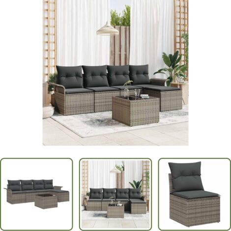 Polyrattan -  Divano da esterno con cuscino 6 pcs Grigio polyrattan