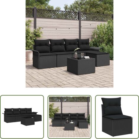 Polyrattan -  Divano da esterno con cuscino 6 pcs Nero polyrattan