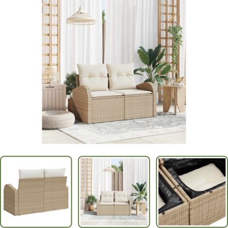 Polyrattan -  Divano da giardino con cuscino Beige 124 x 62 x 69cm polyrattan