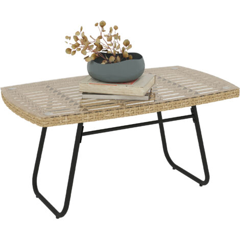 Polyrattan Gartentisch, 90 x 50 x 45 cm, UV-beständig Beistelltisch mit Glasplatte Naturholz